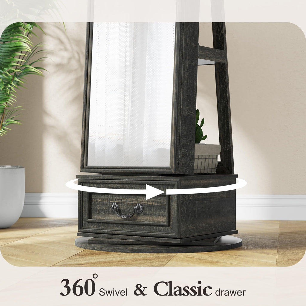 Jewelry Cabinet with Full Length Mirror, Lockable, Swivel, Brown