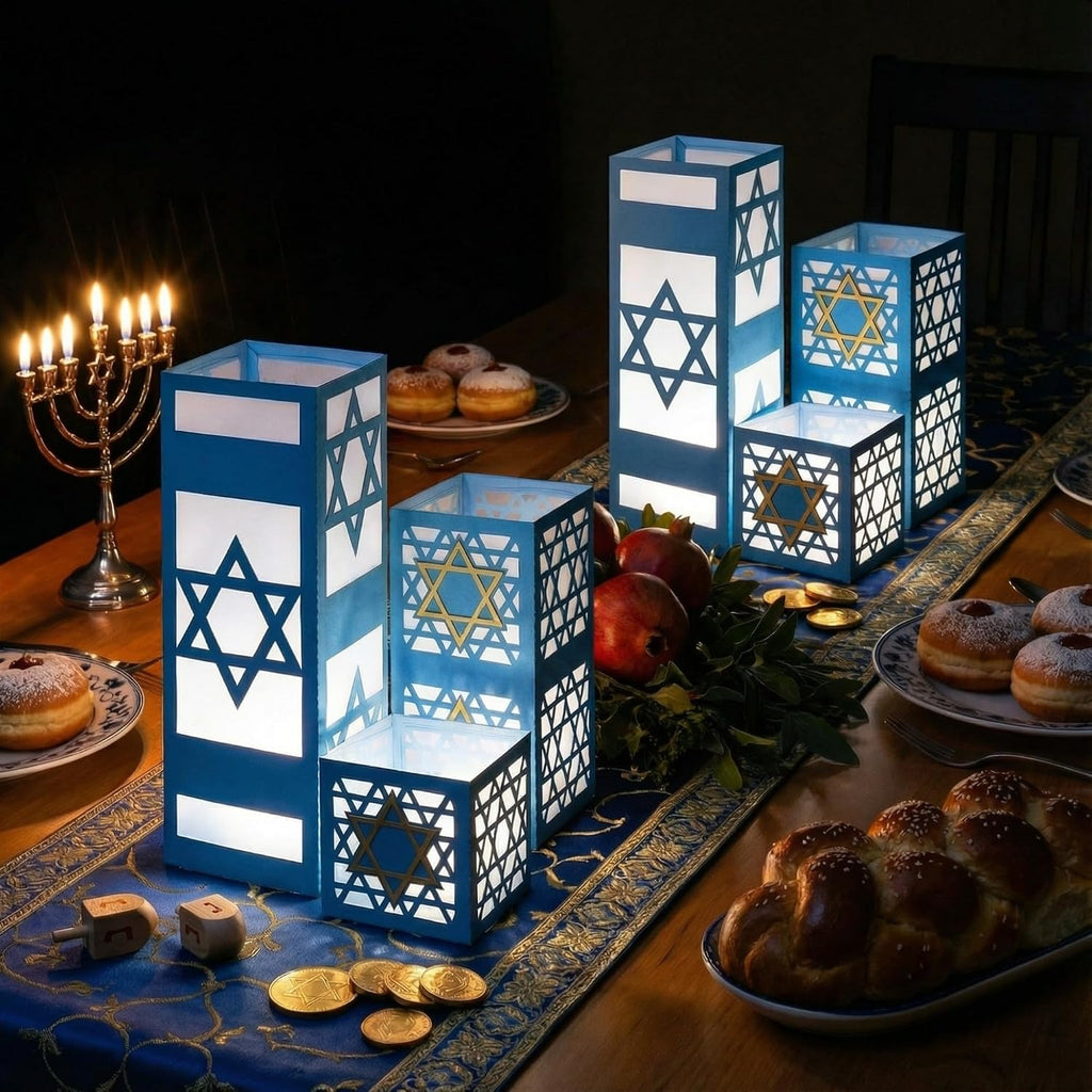 Sets Hanukkah Table Decorations 3 Size Hanukkah Lantern Boxes Centerpieces with LED Candles Dreidel Star David - Set of 12