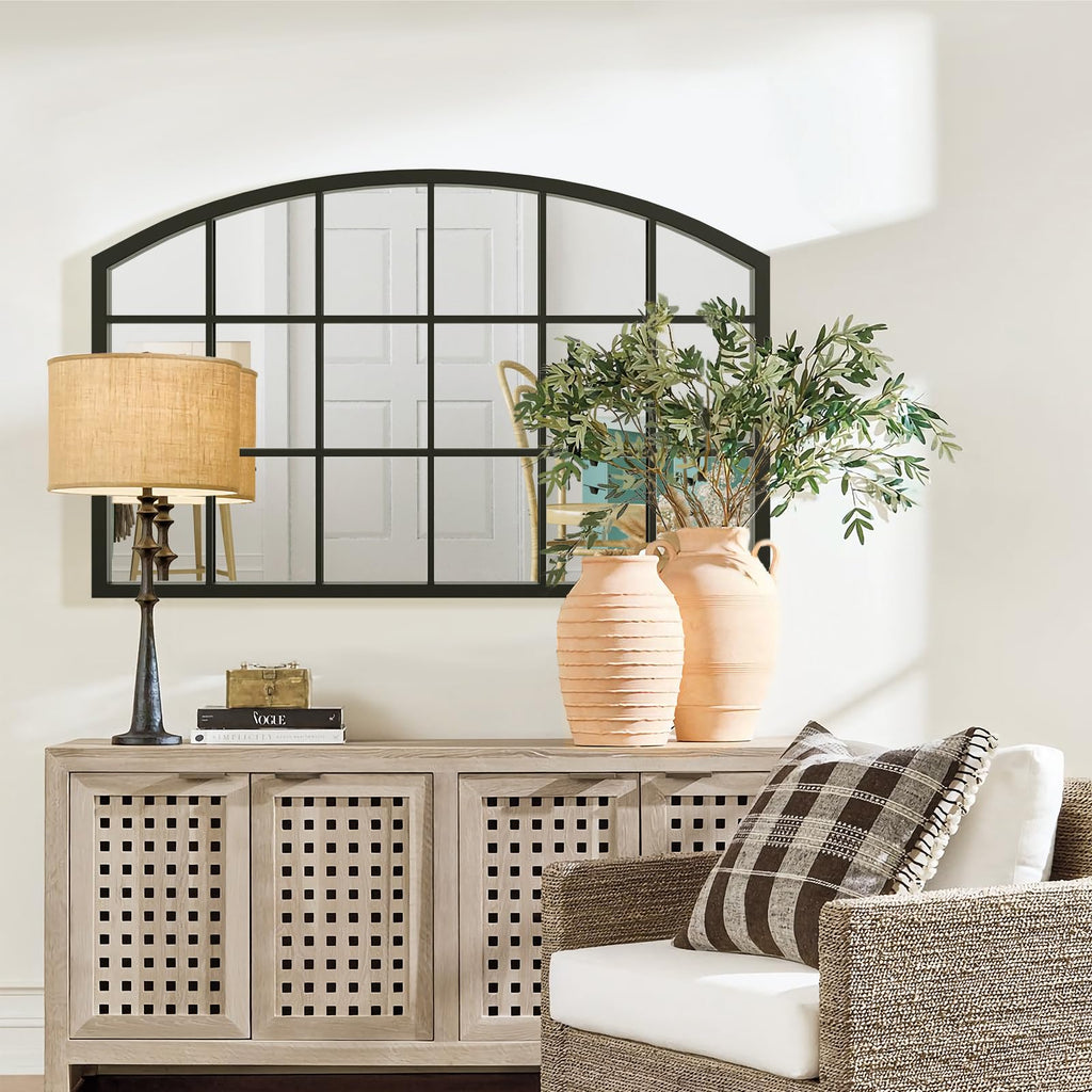 Black Windowpane Wall Mirror, 44" x 28" Arched Window Mirror