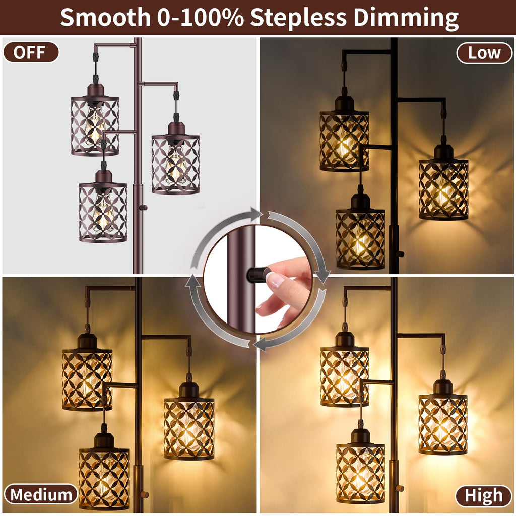 Industrial Tree Floor Lamp, 68" Dimmable Farmhouse Tall Standing Lamp with Quatrefoil Cutout Shades & Rotary Dimmer
