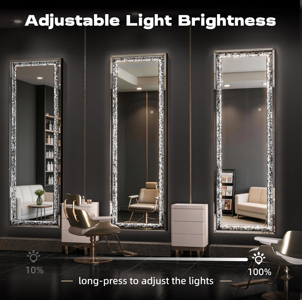69"×26" Full-Length Mirror with Lights - Crystal Crush Diamond Wall Mounted Hanging Diamond Mirror Leaning Bedroom