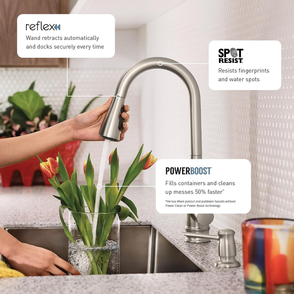 Leesi Stainless Pulldown Kitchen Sink Faucet with Power Boost, Transitional Kitchen Faucet, One-Handle Single Hole
