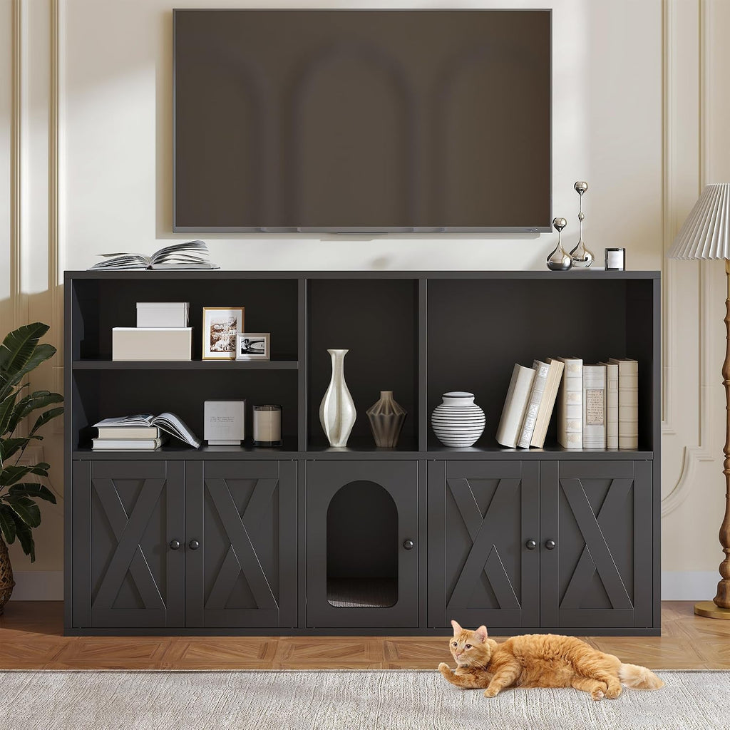 Cat Litter Box Enclosure for 2 Cats with Scratch Pad, Hidden Litter Box Furniture with Storage Cabinet & Open