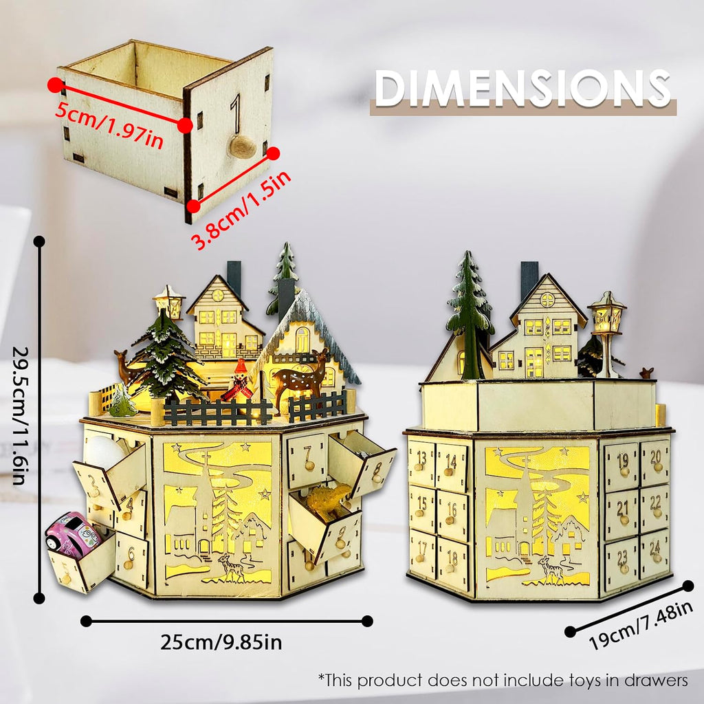 Christmas Wooden Musical Advent Calendar with LED Decoration Cabin Reindeer and Christmas Tree, Empty Calendar