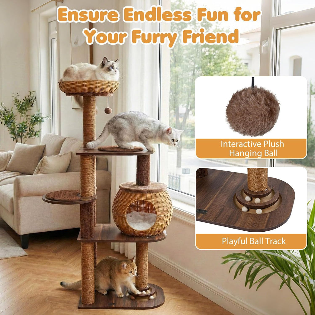 59.5-inch Tall Rattan Cat Tree, Multi-Level Modern Wooden Cat Tower