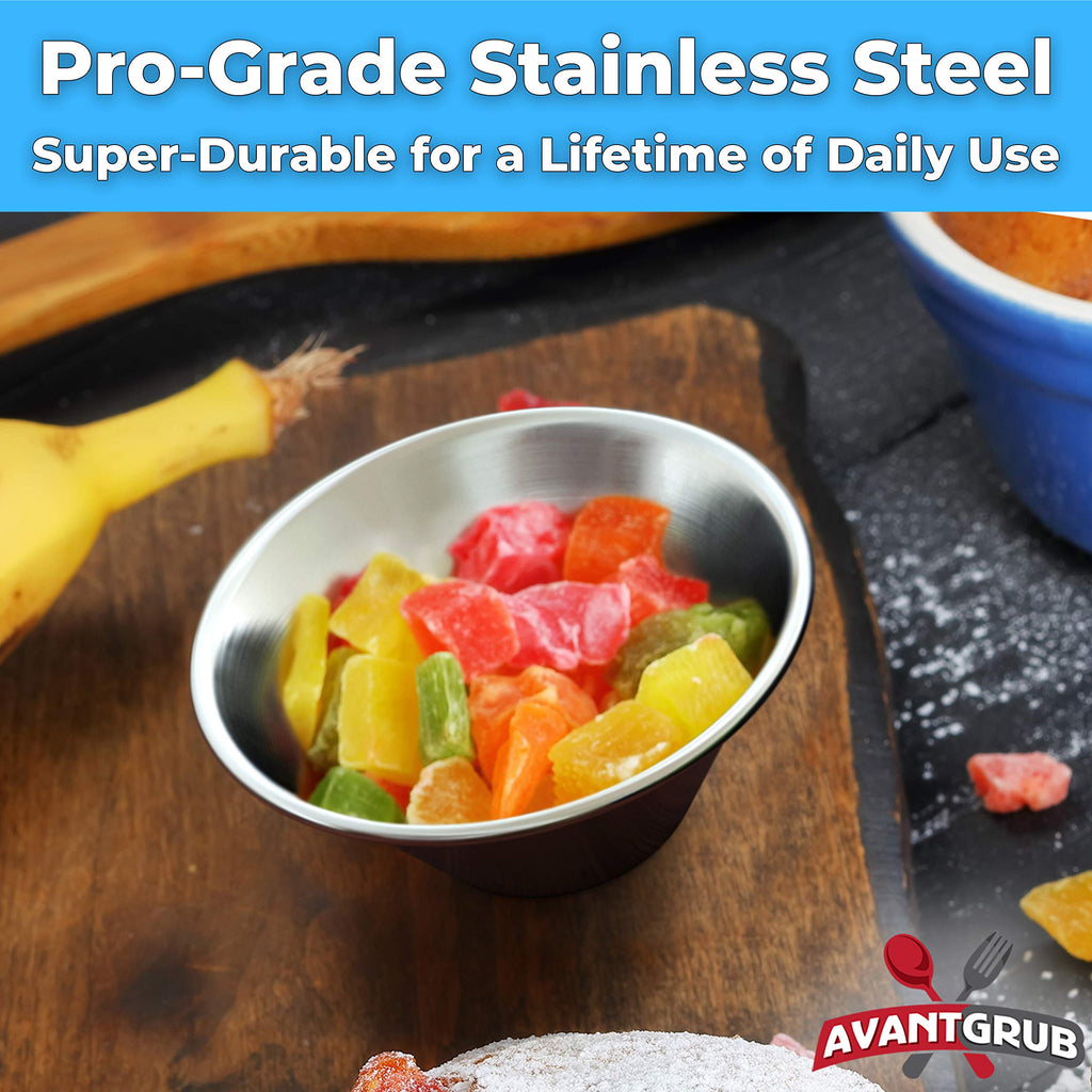 Pro Grade Stainless Steel 1.5oz Sauce Cups 12 Pk. Reusable, Stackable Metal Portion Containers for Sampling, Salad