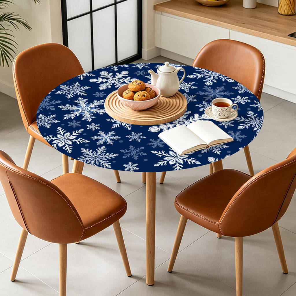 Blue Christmas Round Fitted Tablecloth with Elastic for 48"-52"