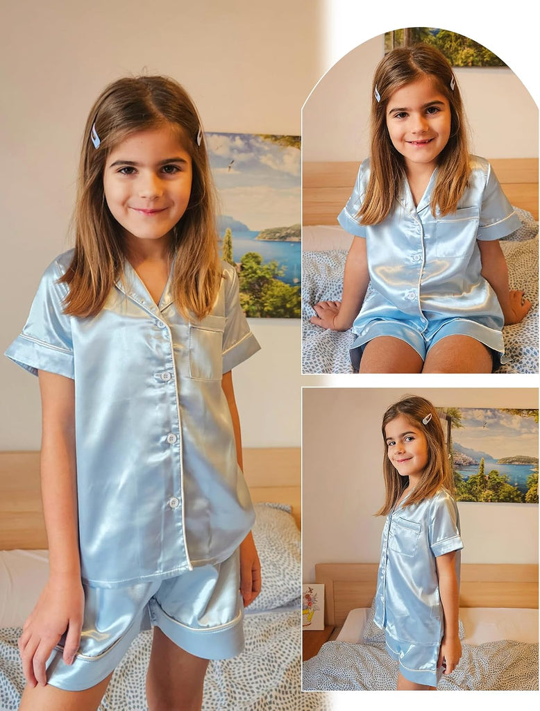 Girls Pajamas Silky Pajama Sleepwear Button Down Kids Pj Sets