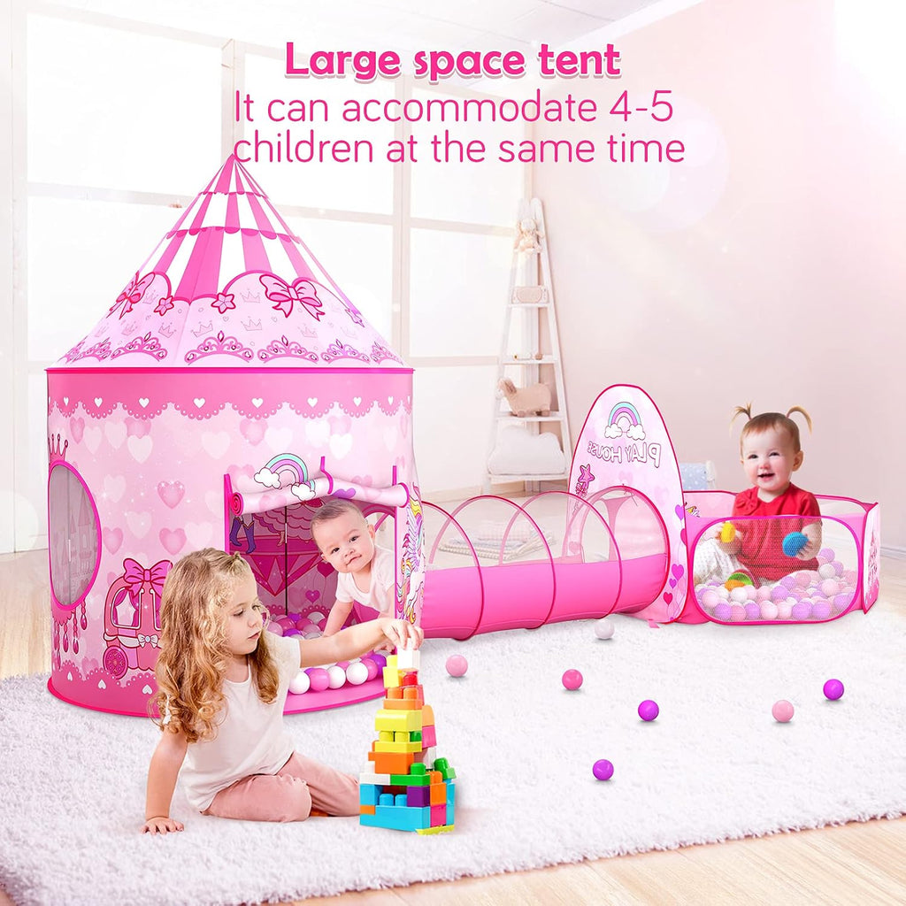 3PC Princess Tent for Girls with Kids Ball Pit and Crawl Tunnel for Toddlers, Pink Pop Up Playhouse Toys Indoor