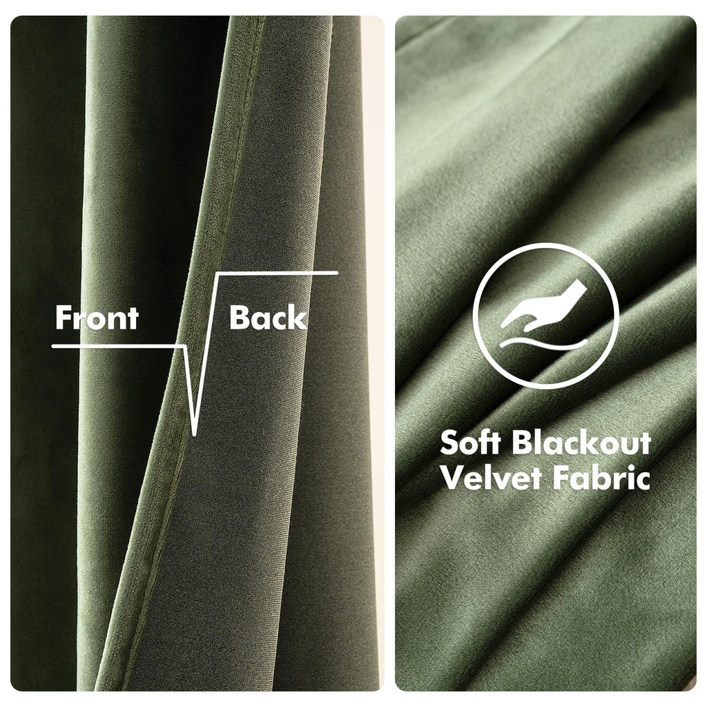 Velvet Blackout Curtains Olive Green 52 x 96 Inch Length 2 Panels