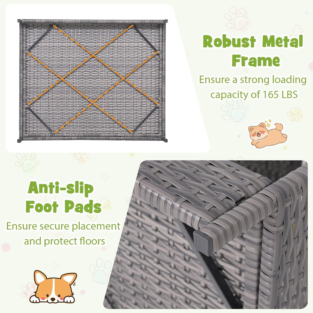 Outdoor Wicker Dog House with Roof Canopy, Elevated Rattan Dog Bed with Washable Cushion, Weatherproof Patio Pet Bed