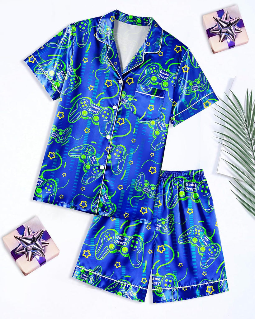 Boys Pajamas Big Boys Satin PJS Set Summer Short Sleeve Button Down Kids Silky Pajama Lounge Sleepwear