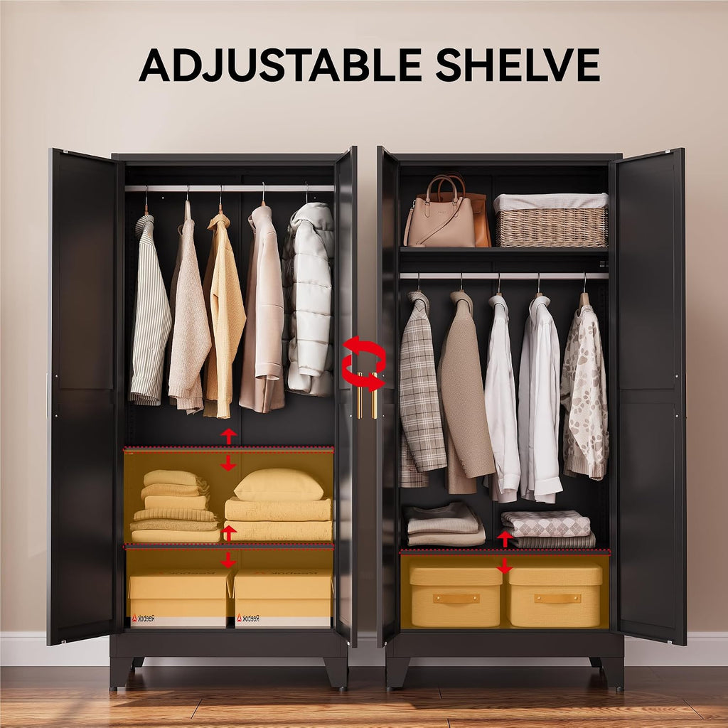 Black Metal Wardrobe Closet 2-in-1 Design, 71" Freestanding Armoire with Adjustable Hanging Rod & Shelves