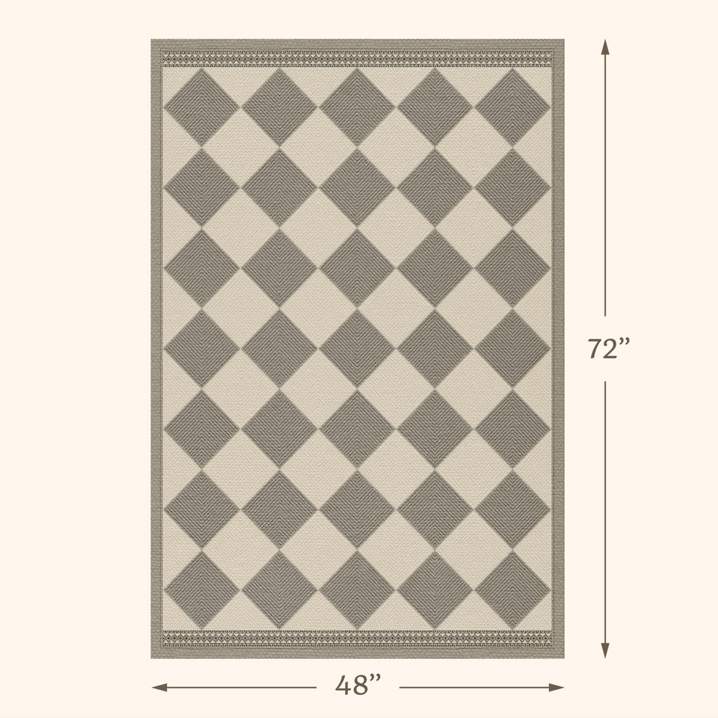 Diamond Corner Easy Jute Rug 4x6, Large Checkered Farmhouse Indoor Outdoor Patio Carpet for Backyard, Porch Decor