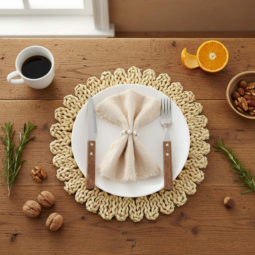 50 Set 13 Inch Corn Husk Flower Round Woven Placemats with Napkin Rings