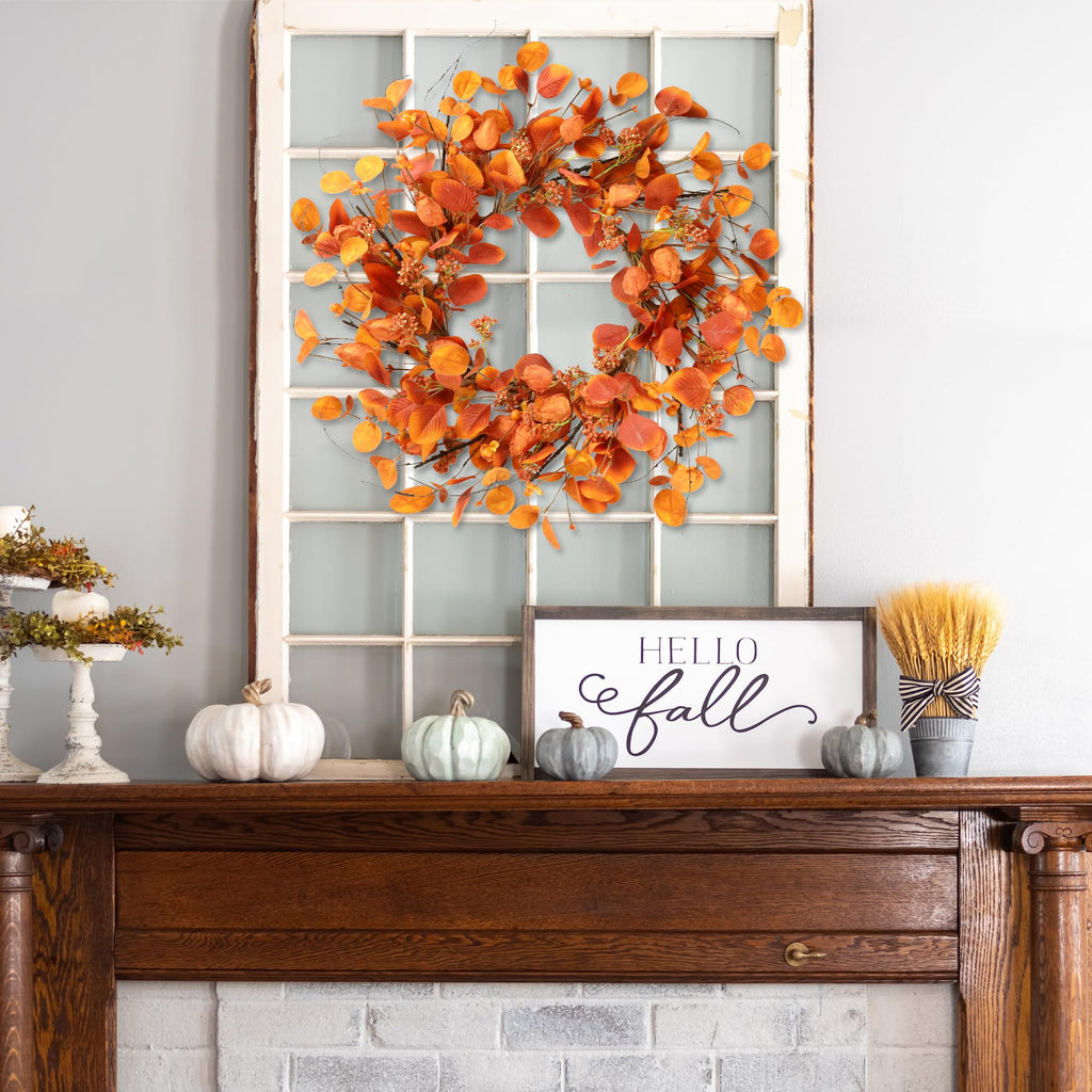 Fall Wreath 20'' Autumn Harvest Wreath with Eucalyptus Berries, Silk Orange Leaves, Cape Gooseberries for Outside