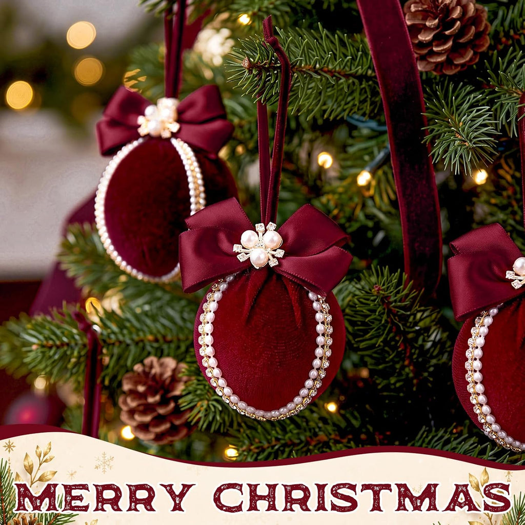 Velvet Christmas Balls Ornaments 2.4" with Pearl Bow, Burgundy Red - Set of 9