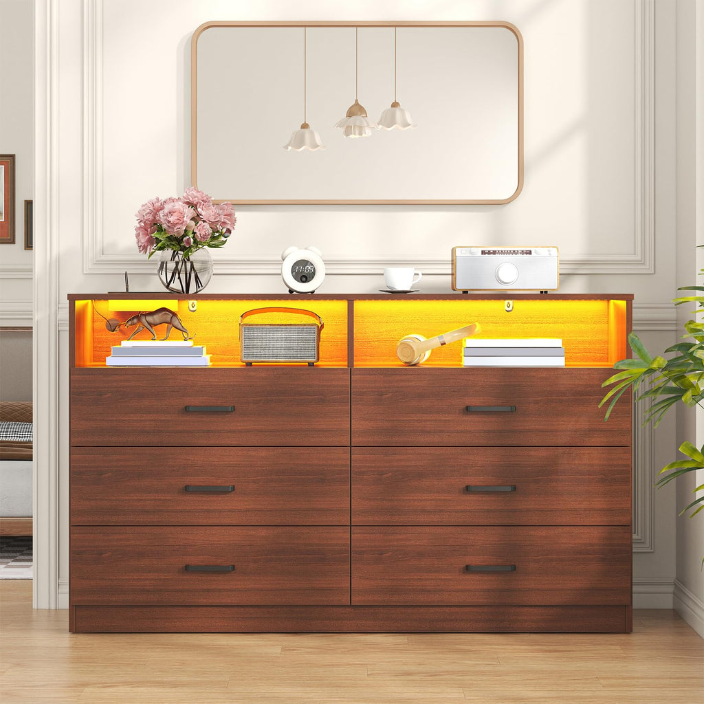 Dresser, 6 Drawer Dresser with Charging Station and Led Light, Modern Chest of Drawers (Walnut Brown)
