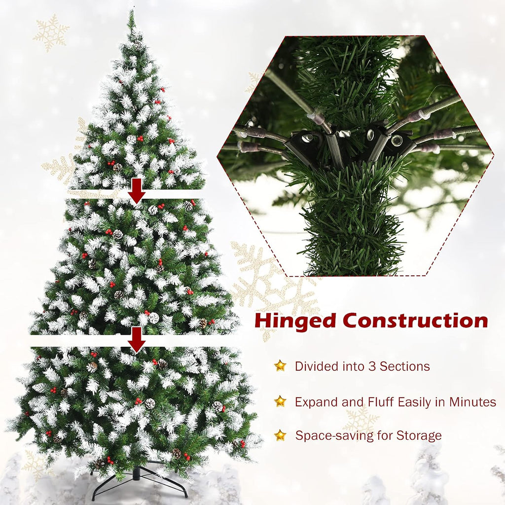 7.5ft Pre-lit Artificial Christmas Tree, Hinged Snow Flocked Xmas Tree w/Pine Cones, Red Berries & 550 LED Lights, 8