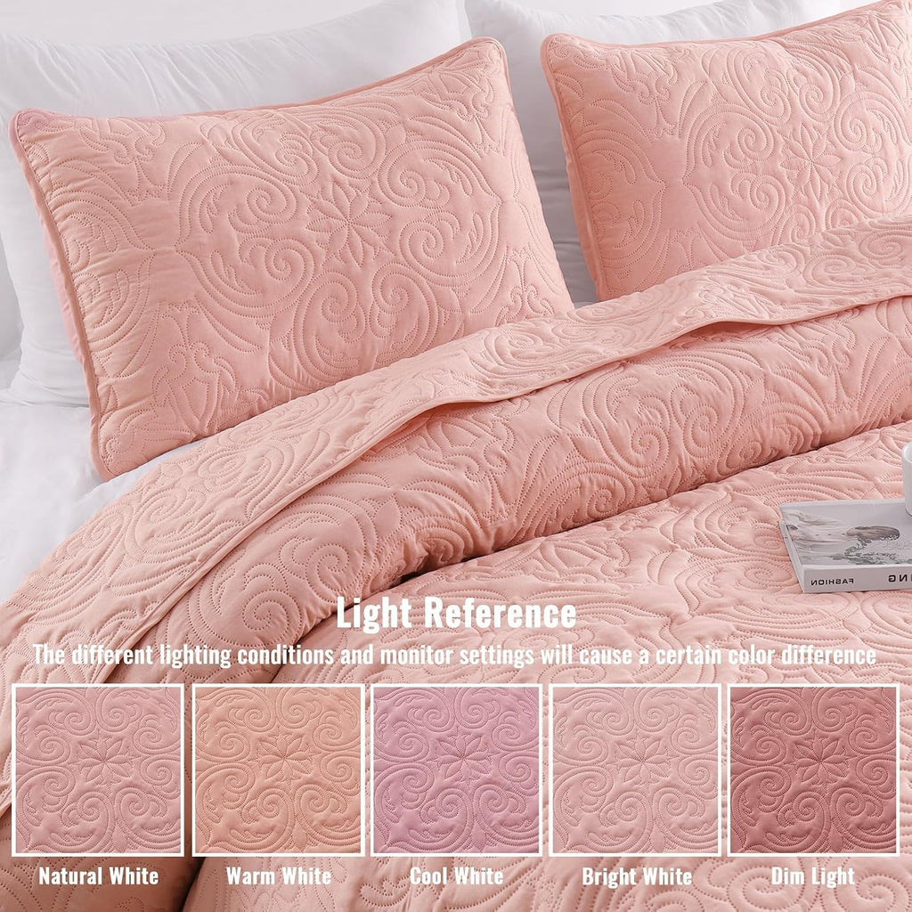 Quilts Queen Bedding Set with 2 Pillow Shams, Lightweight Blush Pink Full Queen Quilt Bedspread with Vintage Damask