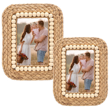 2 Pcs Wicker Weave Picture Frames Boho 5 x 7, 4 x 6 Inch