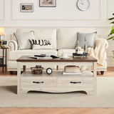 Farmhouse Coffee Table with Storage, Wood Coffee Table, Open Display Area and Storage Drawers with Metal Handles