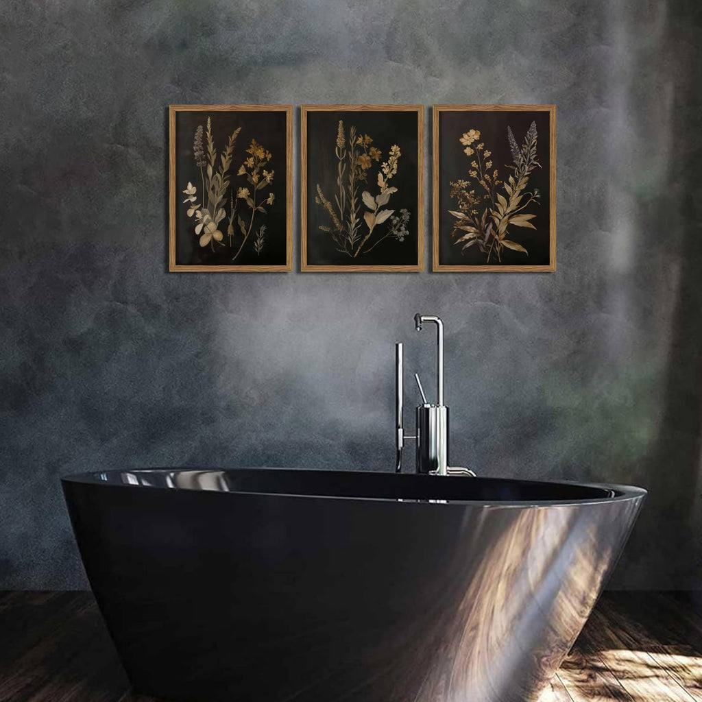 Framed Dark Botanical Wall Art Set of 3, Black Moody Floral Wall Decor Paintings, Dark Academia Decor, Vintage Flower