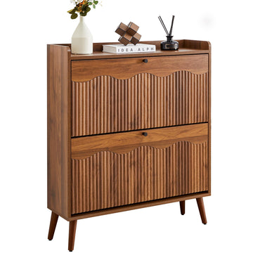 31.5" Fluted Walnut Shoe Storage Cabinet with 2 Flip Drawers
