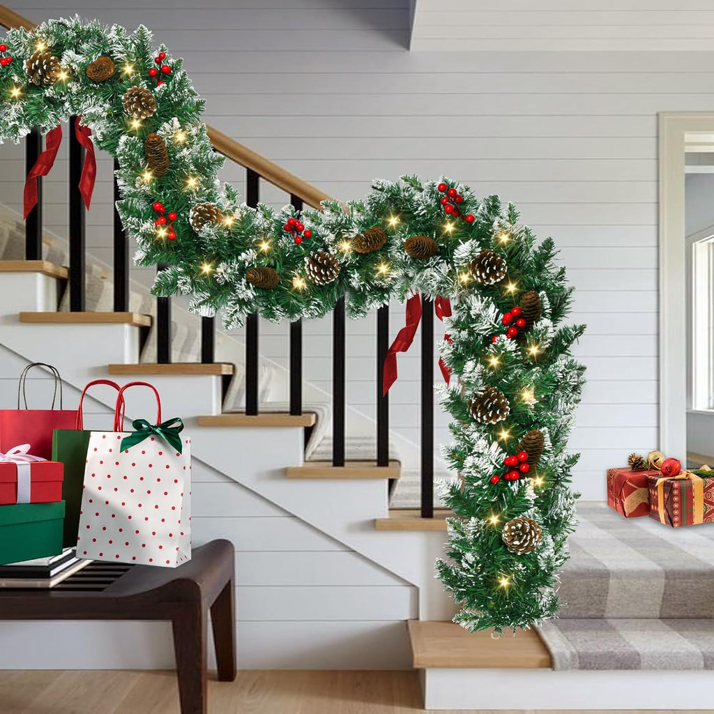 9 FT Christmas Garland with Lights,Battery Operated Lighted Garland with Pine Cones Red Berries Lush Branches,50 LED