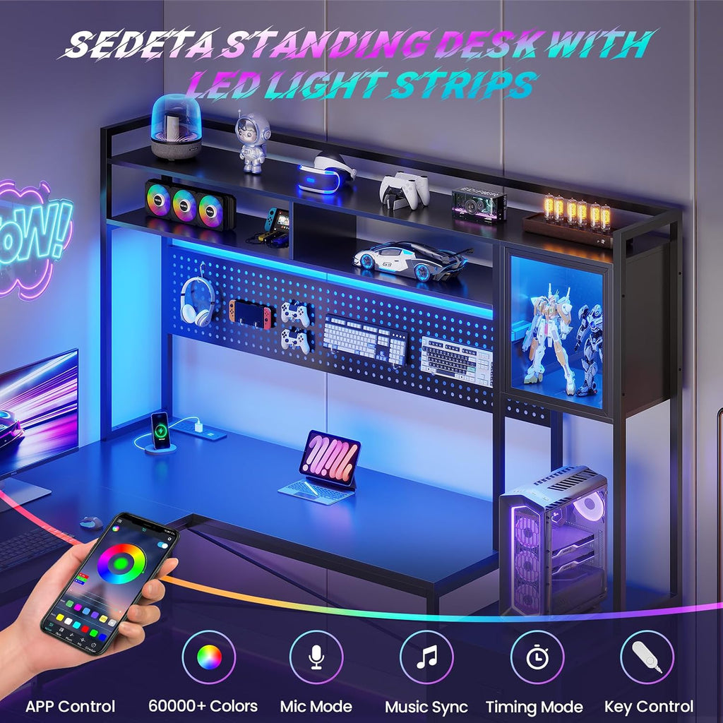 Reversible L Shaped Gaming Desk with 6 Drawers, Hutch, Led Lights | Computer Corner Desk with File Drawer, Storage