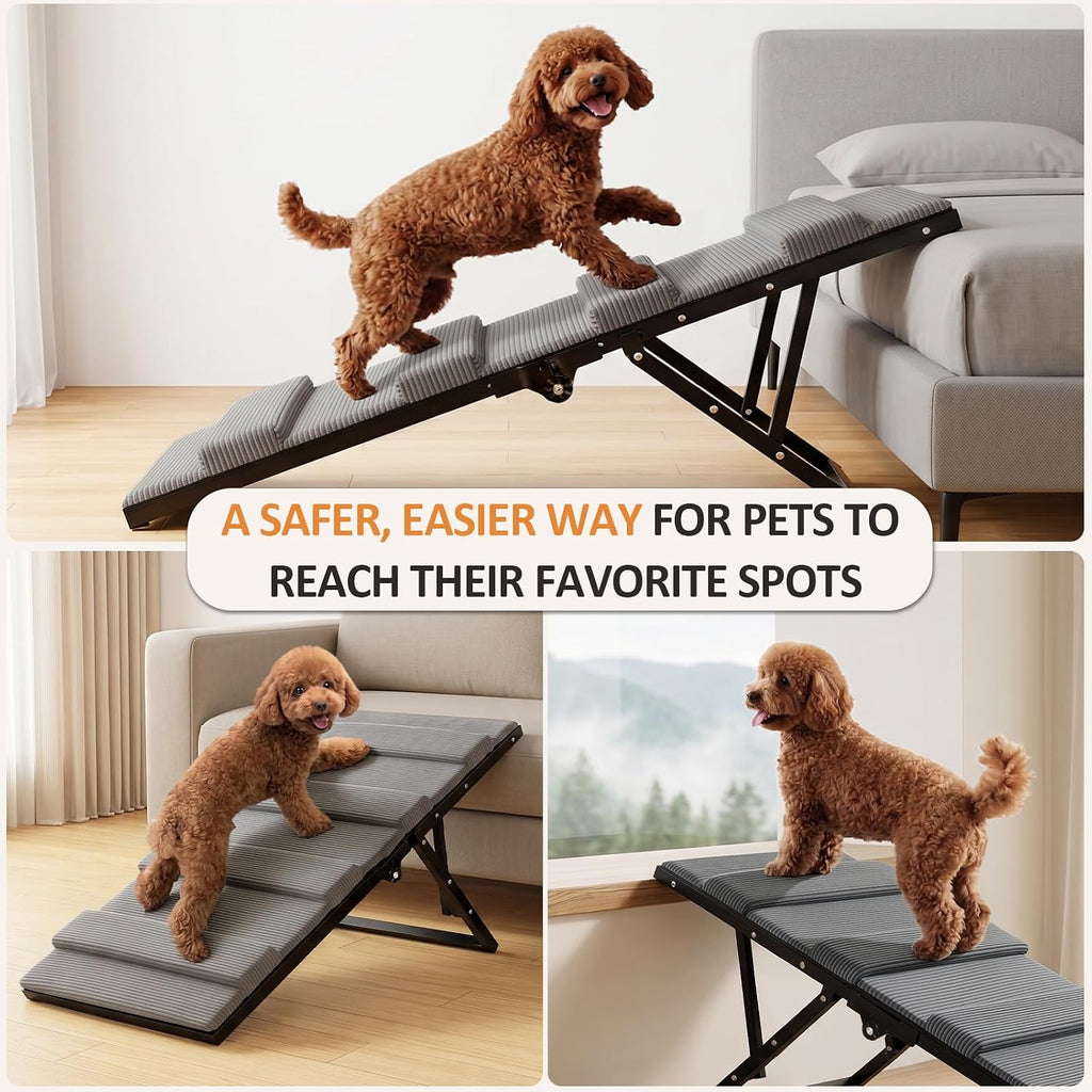 Dog Ramp for Bed & Couch, Foldable Pet Ramp with 5 Adjustable Height Levels, Non-Slip Striped Fabric, Portable Indoor