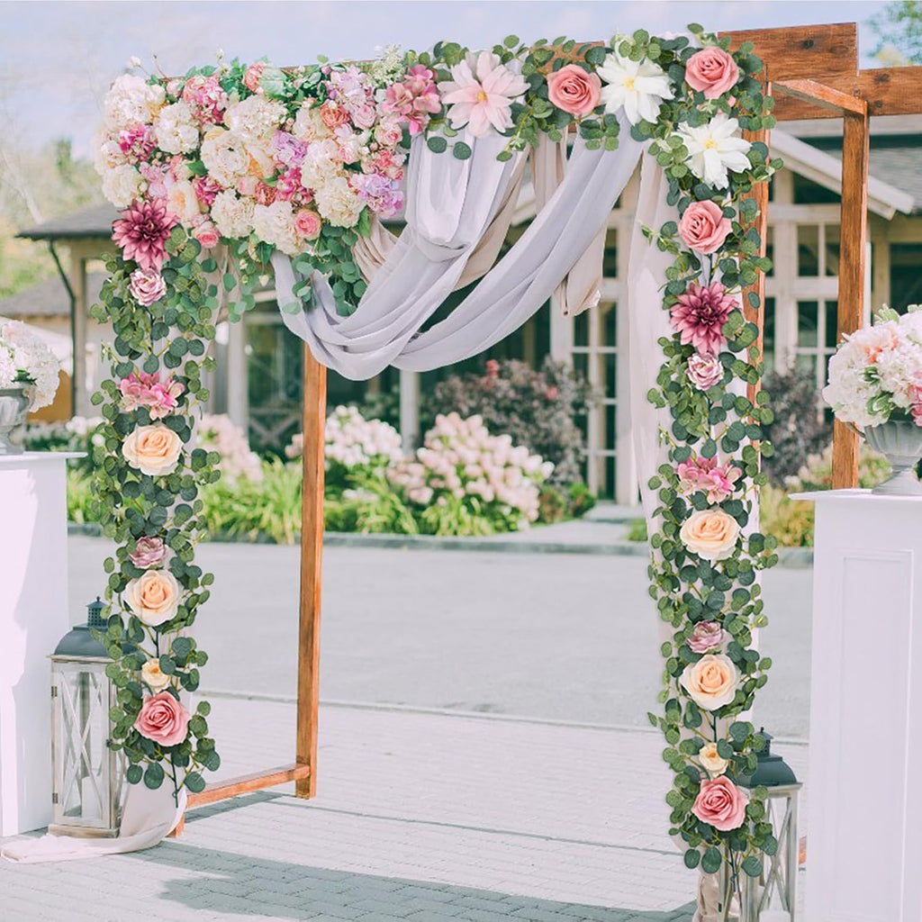 Artificial Flower Garland Decorations, 12.14Ft Eucalyptus Greenery Vines with Pink Roses for Wedding Table - Set of 2
