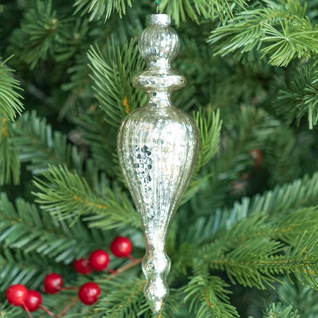 Mercury Glass Finial Christmas Ornaments Set of 4 Champagne Silver Large Hanging Christmas Finials for Xmas Tree