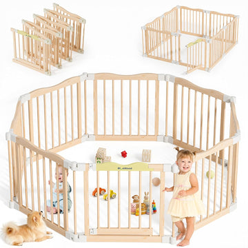 Foldable Wooden Playpen, Natural Pine, 55 x 55 x 24 inches | Adjustable Wood Baby Play Yard with Door, Indoor Large