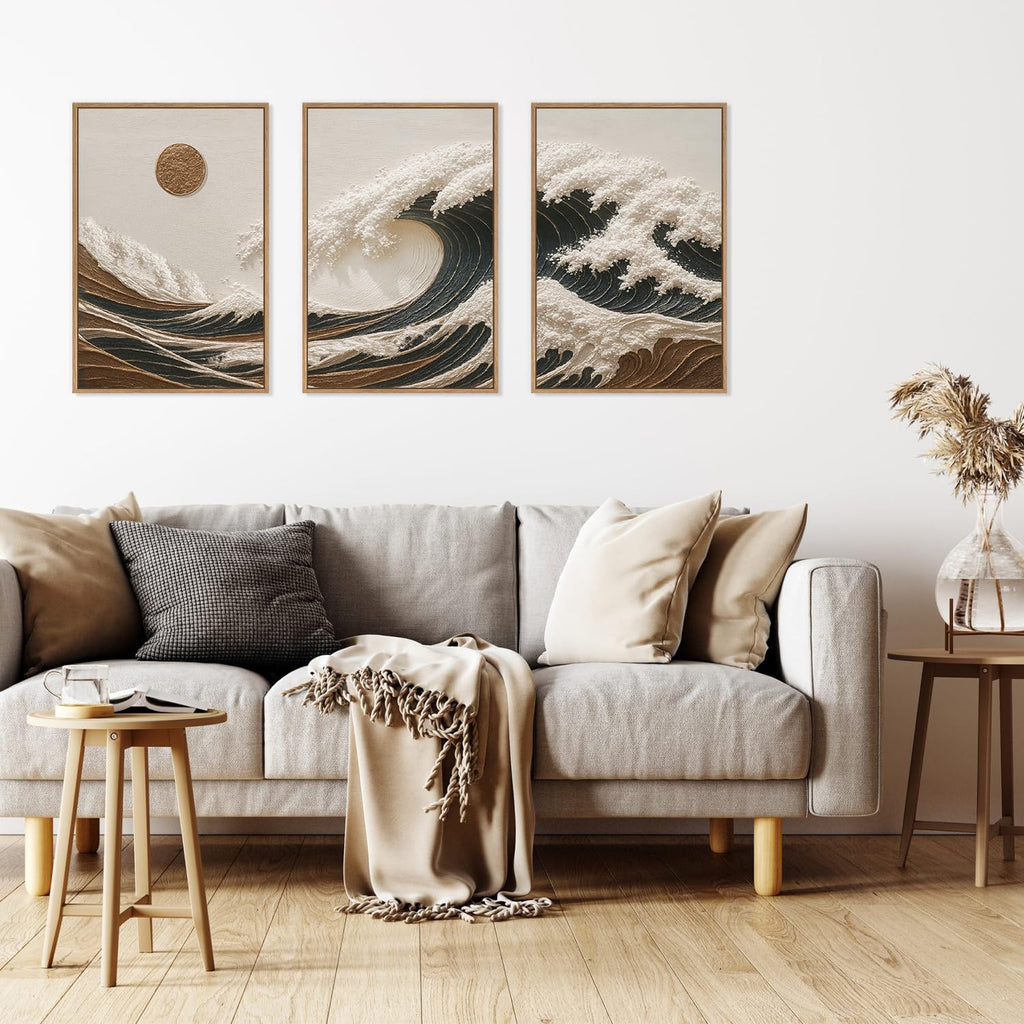 Sea Wave Framed Canvas Wall Art, Abstract Sun Seascape Wall Decor Set of 3(16"x24") Large Modern Ocean Beach Art