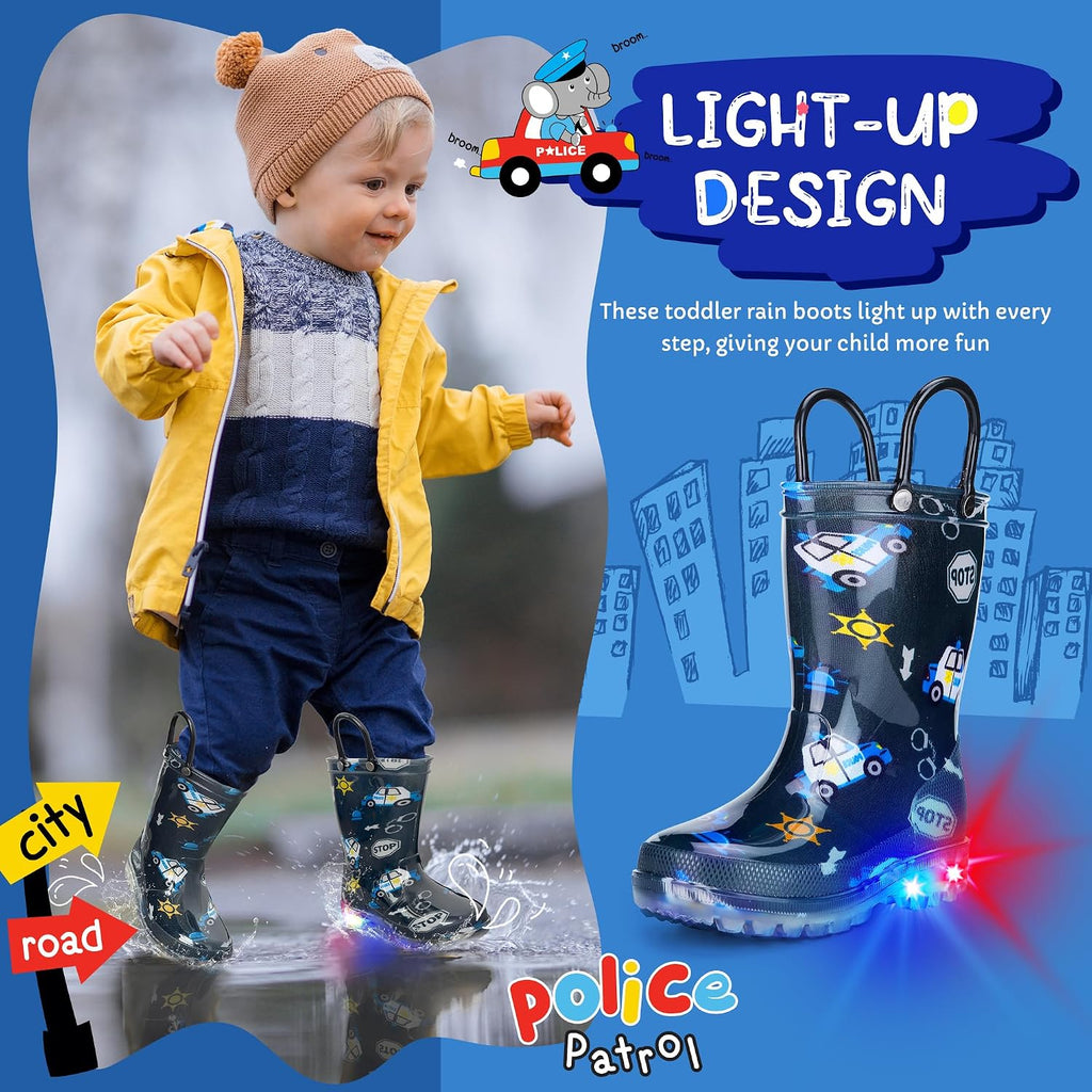 Toddler Rain Boots Boys Rain Boots - Patterns Light Up Kids Rain Boots with Easy-On Handles Lightwight Waterproof