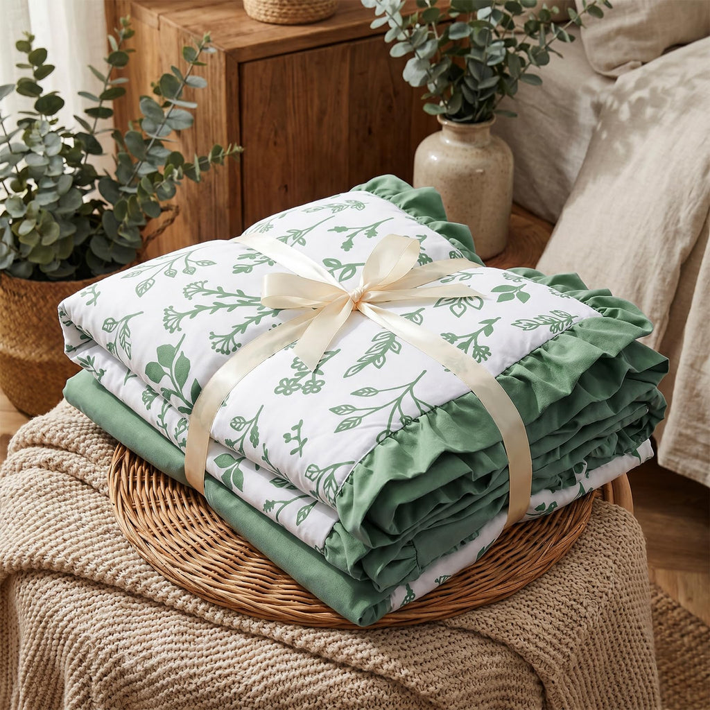 3 Pieces Sage Green Leaf Crib Bedding Set for Girls Boys, Ruffle