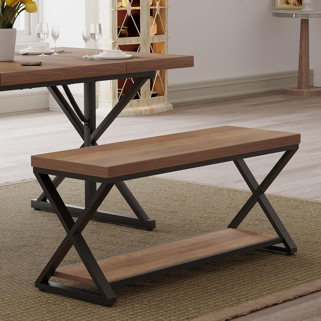 Rustic Entryway Bench with Storage, Rustic Oak Wood and Metal Bench
