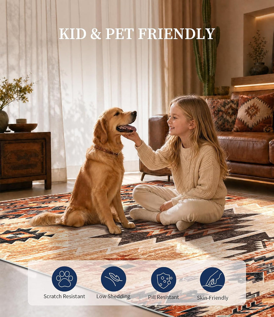 Washable Western Aztec Area Rug, Terracotta