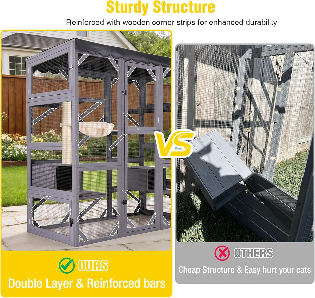 Catio Outdoor Cat Enclosure with 7 Platforms, 2 Resting Boxes, Large Window Cat House for 4-6 Mulitiple Cats Walk
