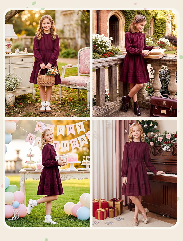 Girls Fall Cotton Dress Ruffle Neck Long Sleeve Casual Dresses