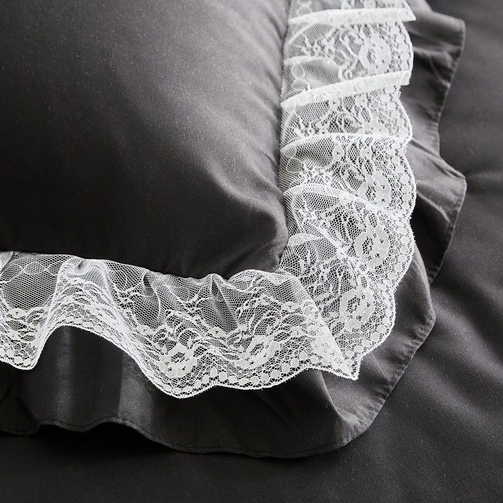 Queen Size Comforter Set Black, 3pcs Lace Ruffled Bedding Comforter Set, Microfiber Vintage Gothic Boho Chic Bedding
