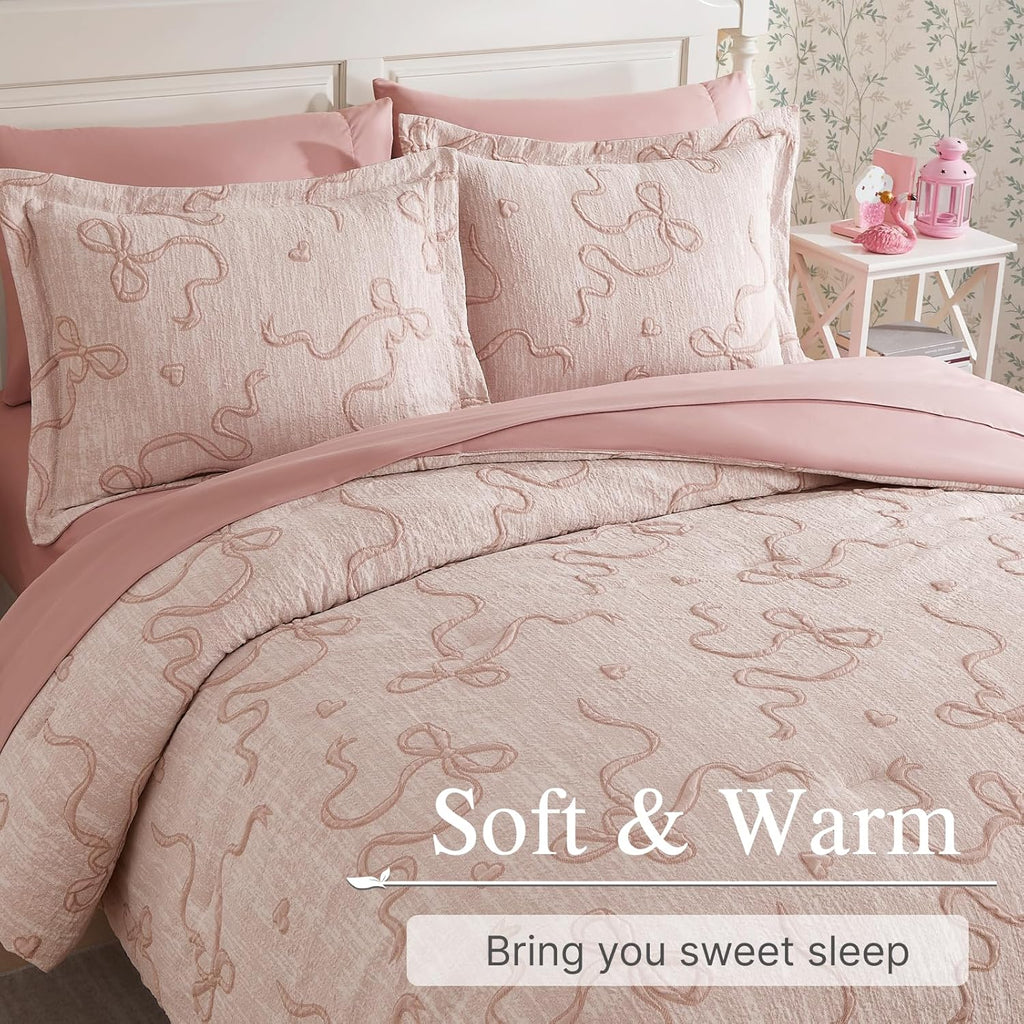 Pink Twin Comforter Set for Girls- 5 Pieces Bowknot Jacquard Bed in A Bag Twin Bedding Sets with Sheets, Pillowcases