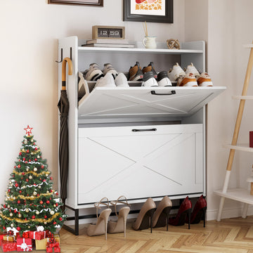Shoe Cabinet Storage Hidden Shoes Storage Cabinet with 2 Rattan Flip Drawers, Shoes Cabinet with Adjustable Shelves