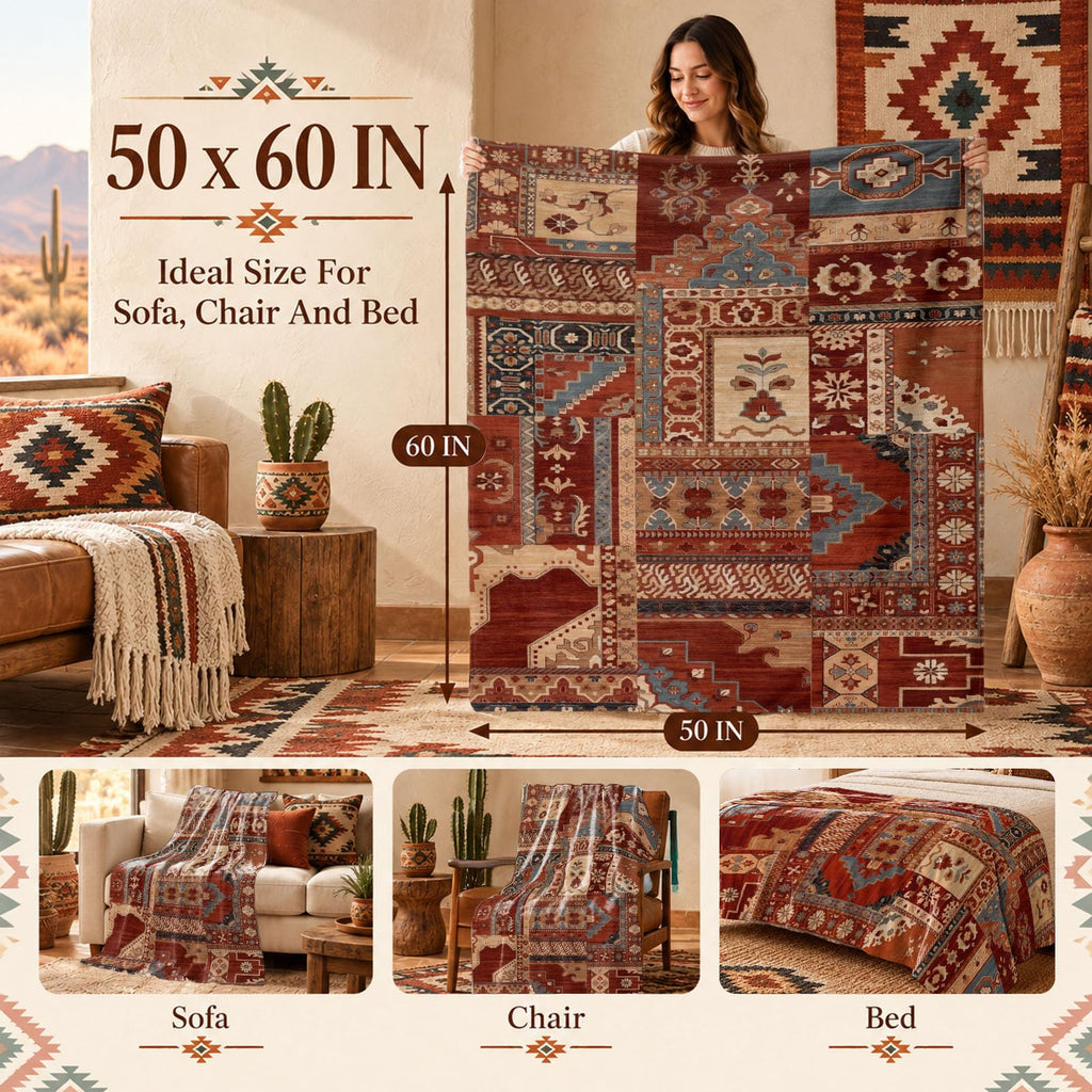 Boho Aztec Throw Blanket 60"x 80", Western Indian Native American Blanket Southwestern Decor, Brown Soft Cozy