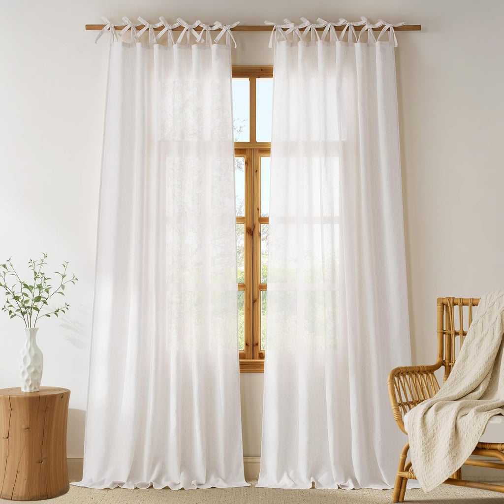 Thick Linen Tie Top Curtains 84 inches Long, Light Filtering Drapes Adjustable DIY Crafted Privacy Window Treatments