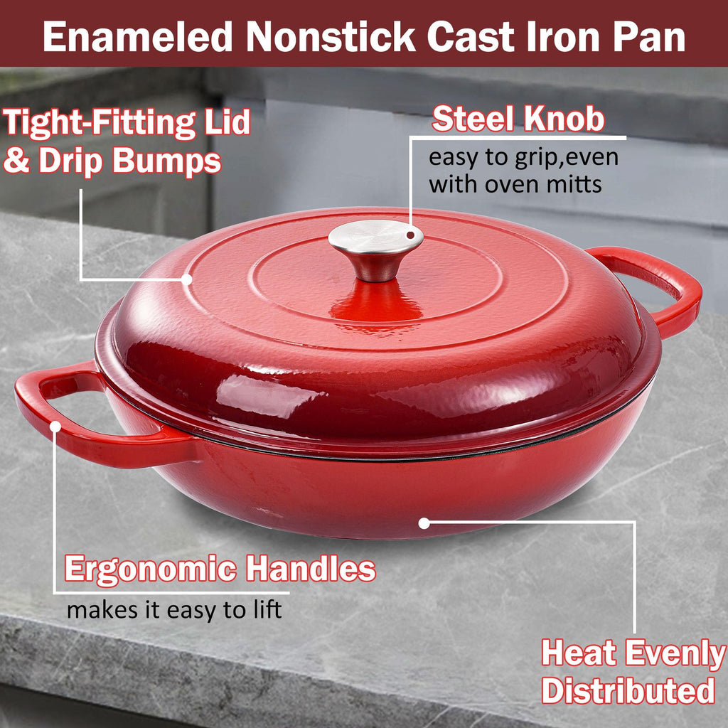 3.5 Quart Enamel Cast Iron Dutch Oven Pot with Lid - Enameled Cookware for Baking, Roasting, and Braising - Durable