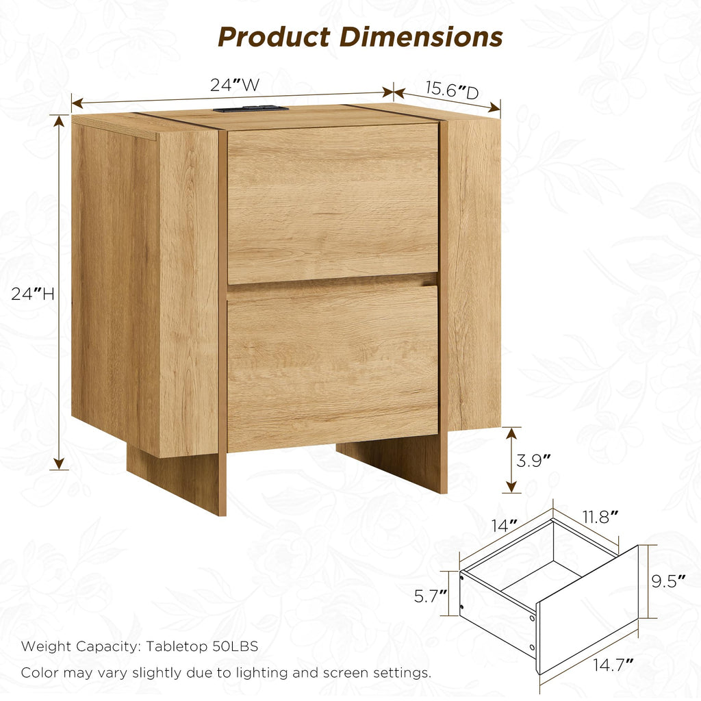 24" Modern 2 Drawer Dresser with Charging Station
