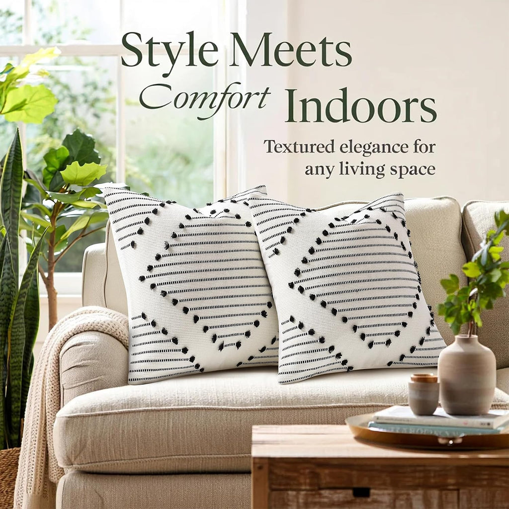 Boho Summer Outdoor Throw Pillow Covers 18X18 Set of 2, Farmhouse Decorative Pillow Covers, Black & Cream White
