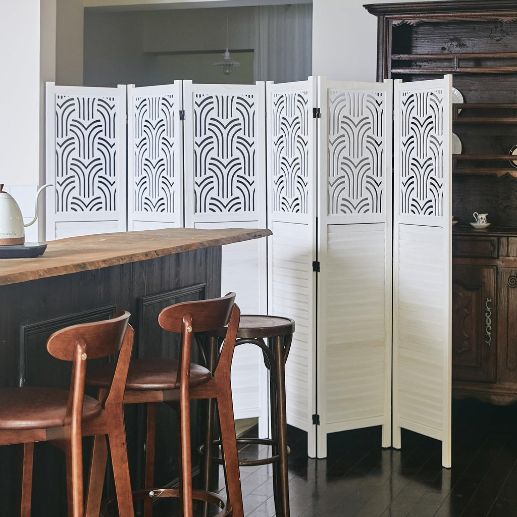 Folding Room Divider, 66.9 Inch 6 Panels Wood Carved Privacy Screens, Free Assembled Freestanding Portable Separation